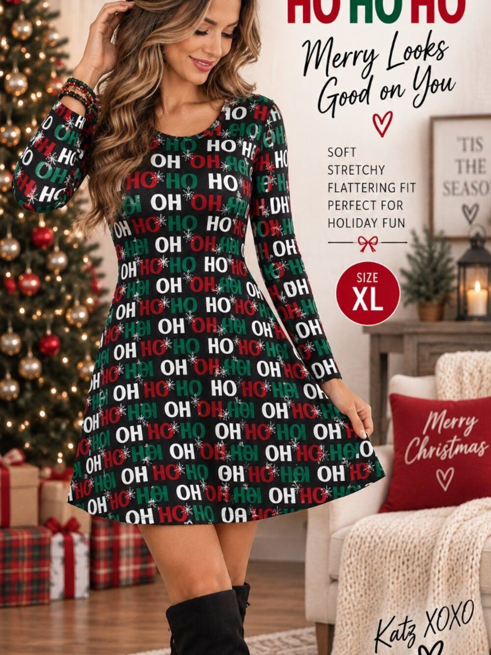 HO HO HO Christmas Swing Dress XL Black Red Green Snowflake Holiday Tunic NWT